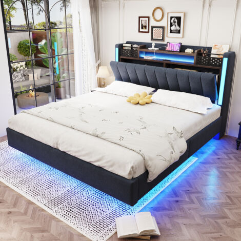 Lit rembourré 140 x 200 cm avec éclairage LED et prise USB, tête de lit avec rangement, lit suspendu, lit enfant, lit adulte, tissu lin, gris (1/5)