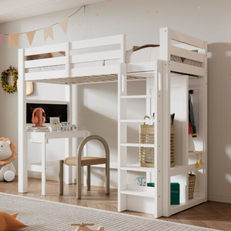 Lit superposé enfant avec bureau, armoire ouverte et étagères, lit enfant avec sommier à lattes et protection antichute, lit simple, surface de couchage 90x200cm, blanc (sans matelas) (1/5)