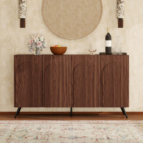 Buffet de style mid-century, meuble d'entrée aspect noyer avec rainures 3D et portes cintrées, bois d'ingénierie, étagères réglables, pieds en métal doré