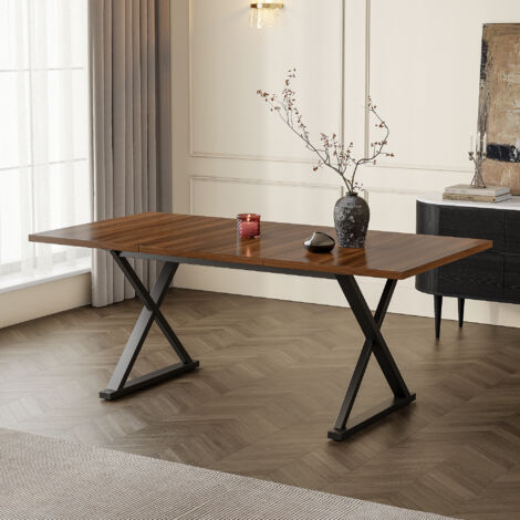 Table à manger, 180 cm de long x 90 cm de large x 75 cm de haut, style moderne, robuste et durable, pieds en métal, 6 à 8 places assises, style moderne et épuré, couleur noyer + noir.