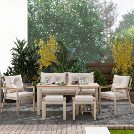 Ensemble table et chaises de jardin en bois d'acacia, 6-7 places, avec fauteuils et desserte amovible, housse en tissu amovible et lavable. (1/5)