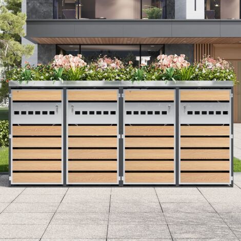 Boîtier pour poubelles avec trous de ventilation en forme de losange, compartiments de rangement pour les déchets, verrouillable, quatre portes, espace de plantation (1/5)