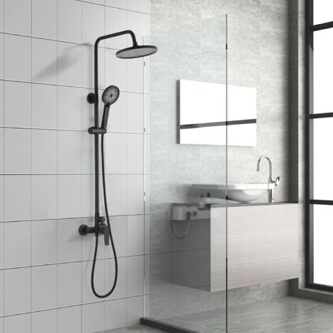Stanew – Colonne de douche thermostatique noire – Douchette de plafond 23 cm – 3 jets – Corps en laiton – Surface résistante à la corrosion