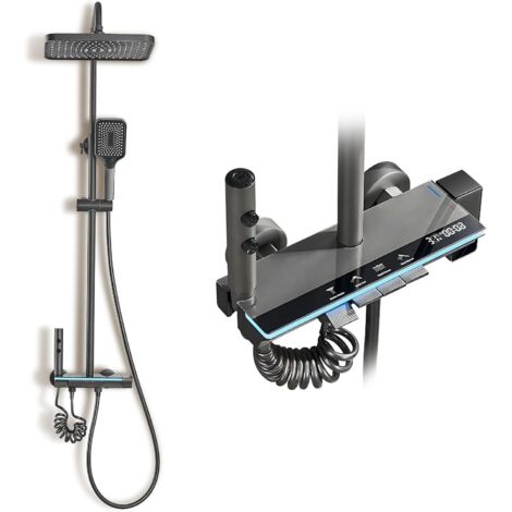Stanew – Colonne de douche avec éclairage LED – Tête carrée 23x23cm – 4 jets – Hauteur réglable 75-110cm – Aluminium aérospatial gris titane