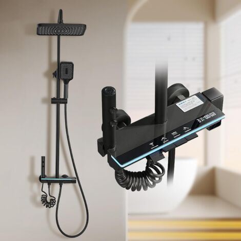 Stanew – Colonne de douche noire titane avec éclairage LED – Tête carrée 23x23cm – 4 jets – Hauteur réglable 75-110cm – Douchette main 3 modes