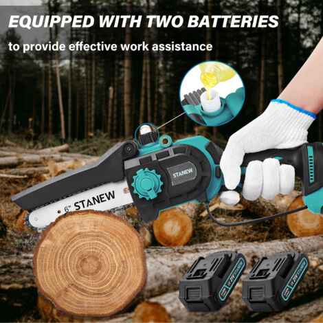 Stanew – Mini tronçonneuse électrique sans fil 600W – 2 batteries 2Ah – Moteur Brushless pour coupe précise jusqu'à 15cm – Guides 6/8 pouces
