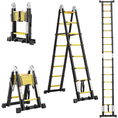 TEENO Échelle Télescopique en Aluminium 5 M (2,5+2,5), Escabeau 2x8 Marches Pliable Professionnel Multifonction, avec 2 Roues Amovibles et Stabilisateurs Triangulaires et Barre Stabilisatrice