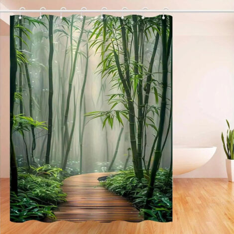 Rideau de douche motif bambou 150x180cm en polyester – Imperméable et anti-moisissure – Revêtement antibactérien – Anneaux inclus (1/5)