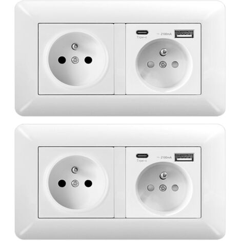 Lot de 2 Double Prise Murale 16A avec USB et Type-C – Prise Électrique Moderne pour Salon et Cuisine
