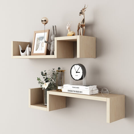 Lot de 2 étagères murales en bois – Tablette murale, étagère suspendue – Étagère murale flottante en forme de S (1/3)