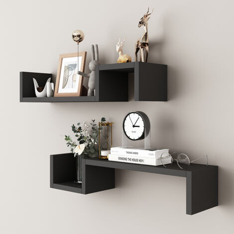 Lot de 2 étagères murales en bois – Tablette murale, étagère suspendue – Étagère murale flottante en forme de S (1/5)