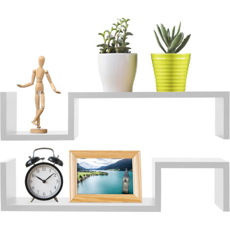 Lot de 2 étagères murales en bois – Tablette murale, étagère suspendue – Étagère murale flottante en forme de S (1/5)