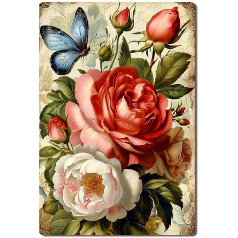 Plaque en Métal Vintage Art Murale pour Jardin de Fleurs de Iris, Élégance Géométrique et Couleur Vibrante 30x20 cm. (1/5)