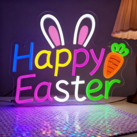 Guirlandes lumineuses néon « Joyeuses Pâques », idéales pour les murs et les fenêtres, alimentées par USB, luminosité réglable, parfaites pour décorer votre intérieur lors des fêtes de Pâques. (1/5)