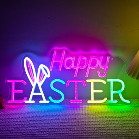 Néons « Joyeuses Pâques », guirlande lumineuse LED lapin, intensité variable, idéal pour les fenêtres, le salon et les fêtes (1/5)