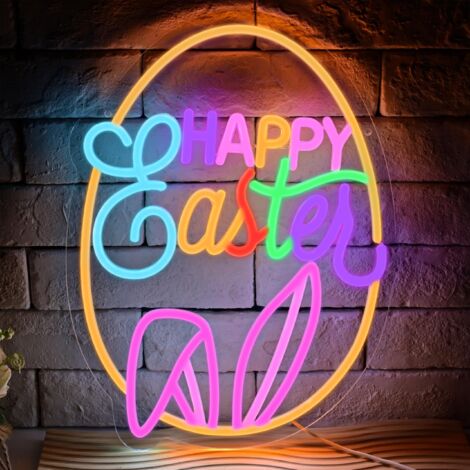 Néons Joyeuses Pâques : Lapin néon festif à intensité variable pour fenêtre/porte, idéal pour les murs des chambres d'enfants et la décoration intérieure. (1/5)
