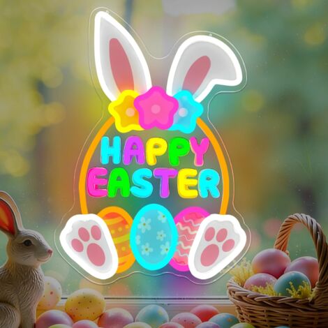 Lumières néon Joyeuses Pâques : Fixation murale possible, Lumières néon en forme de lapin, Intensité variable, Convient aux bureaux, etc., Cadeaux pour la famille. (1/5)