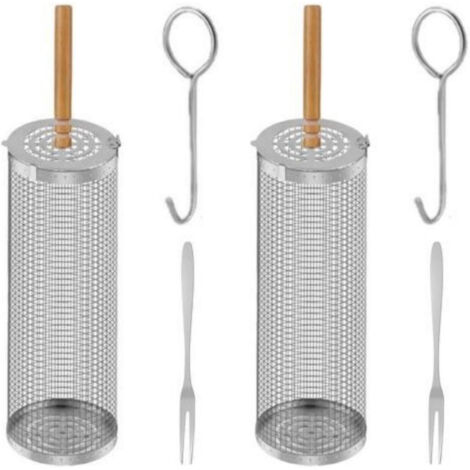 Cage de barbecue 2 Pièces – cylindre de barbecue roulant en acier inoxydable – 20 cm – Manche bois – tambour rotatif – Idéal pour camping et jardin (1/5)