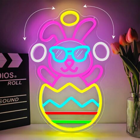 Néon de Pâques, guirlande lumineuse LED lapin lançant des œufs de Pâques, décoration de fenêtre, décoration intérieure, cadeau de fête (1/5)
