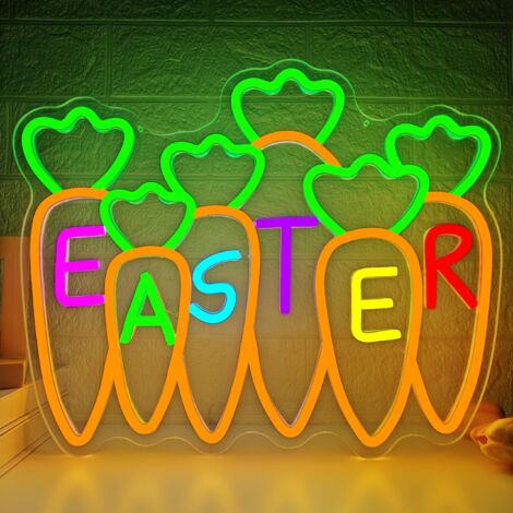 Enseignes lumineuses néon Carotte : Joyeuses Pâques Enseigne LED à intensité variable, Décoration murale festive, Jardin et chambre d'enfant, Guirlandes lumineuses carotte pour fenêtre (1/5)