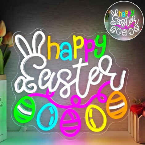 Néon Joyeuses Pâques, forme de lapin, néon printanier, néon œuf multicolore, pour fête à la maison (1/5)