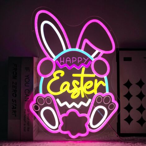 Lumières néon Joyeuses Pâques : Lumières néon LED en forme d'œuf et de lapin, Intensité variable, Convient aux chambres, églises, maisons, fêtes de Pâques, Cadeaux pour enfants. (1/5)