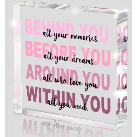 Cadeaux de graduation pour elle - Décoration de citation de graduation rose - Panneau carré en acrylique "Tous les souvenirs derrière toi" - Cadeau inspirant pour femmes de 10x10 cm (1/5)