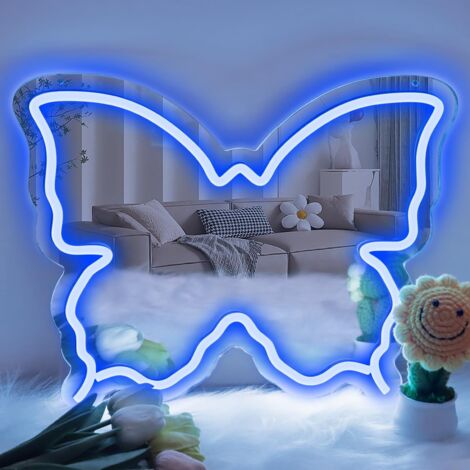 Miroir néon en forme de papillon — Design à intensité variable  Cadeau d'anniversaire idéal pour ados et enfants, alimentation USB (Bleu) (1/5)