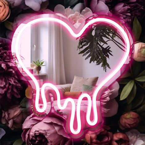 Enseigne néon en forme de cœur : Alimentée par USB, elle fait également office de miroir décoratif. Parfaite pour les chambres à coucher, les chambres de filles, les soirées et les studios. (1/5)