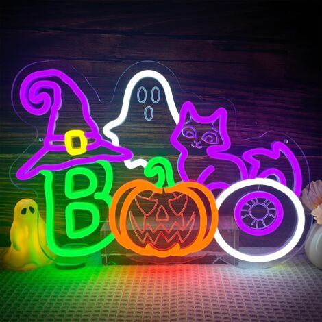 Enseigne néon Halloween « BOO » : fantôme lumineux à intensité variable, motif citrouille avec chapeau de sorcière, chat et œil effrayant pour créer une ambiance festive et amusante (1/5)