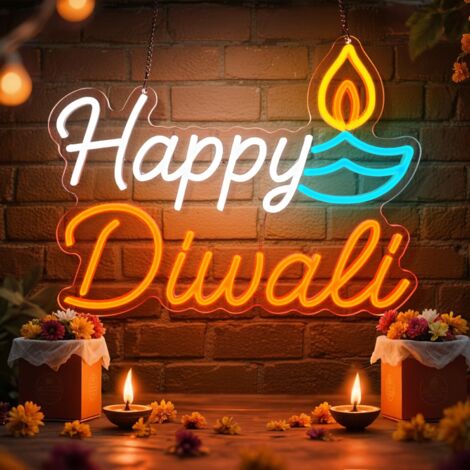 Enseigne néon « Happy Diwali » (Joyeux Diwali), lumière LED à intensité réglable pour célébrer le festival des lumières décoration intérieure pour la maison ou les fêtes. (1/5)