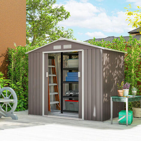 Abri de jardin résistant, Hangar à outils en acier avec cadre au sol, 2.42 m², 213L X 130L X 185H cm, Toit à pignon, 2 Portes coulissantes et Ventilation optimale (1/5)