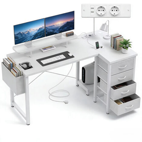 Bureau en forme de L avec étagère pour écran pour bureau, 140x80 cm bureau en forme de L avec prise et tiroirs en tissu, Blanc (1/5)