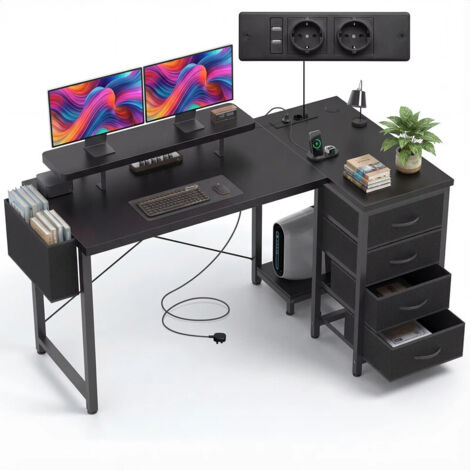 Bureau en forme de L avec étagère pour écran pour bureau, 140x80 cm bureau en forme de L avec prise et tiroirs en tissu, Noir (1/5)