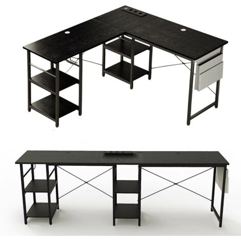 Bureau de forme en L, table d'ordinateur réglable de 140/230cm avec rangement et prise intégrée, Noir (1/5)