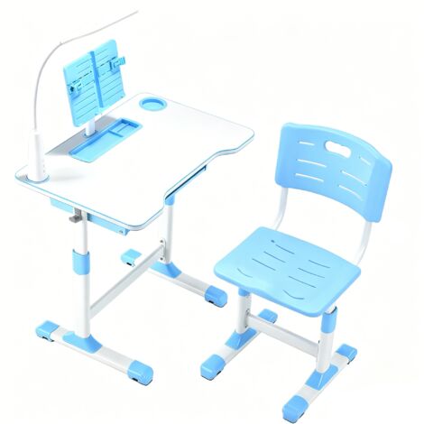 Bureau réglable pour enfants avec chaise – Plateau inclinable – Lampe USB – Design bleu et blanc (1/5)