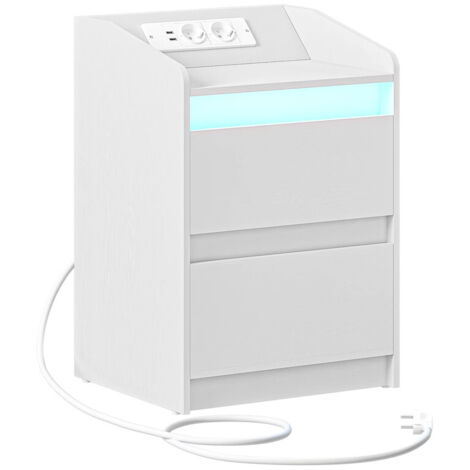 Tables de chevet avec lumières LED, station de recharge et 2 tiroirs, table d'appoint avec ports et prises USB, Blanc (1/5)