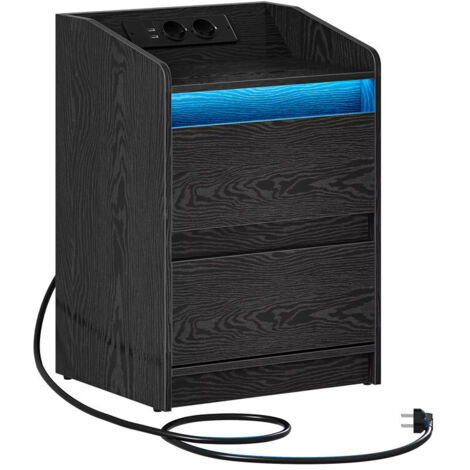 Tables de chevet avec lumières LED, station de recharge et 2 tiroirs, table d'appoint avec ports et prises USB, Noir (1/5)