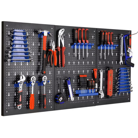 Kit panneau mural – Noir/bleu – 117x55 cm – 17 accessoires – Panneau + crochets + bacs – Atelier