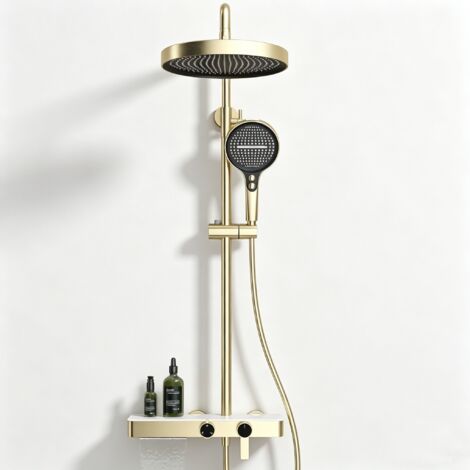 Ensemble de système de douche salle de bain, contrôle chaud et froid, mitigeur multifonction à boutons, avec douchette à main, doré (1/5)