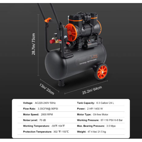 Compresseur à air silencieux 1450 W – 24 L – Sans huile – Portable – Entretien pneus auto (1/5)