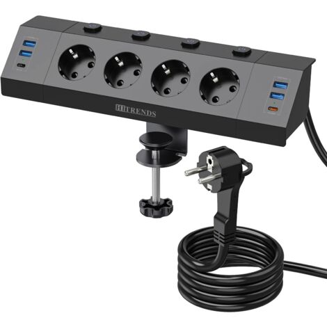 Multiprise multi-prise ue avec dispositif de serrage de bureau, prise annulaire de traction, 4 ports USB-A et 2 ports USB-C, interrupteur à commande unique, câble de 2 m, Noir (1/5)