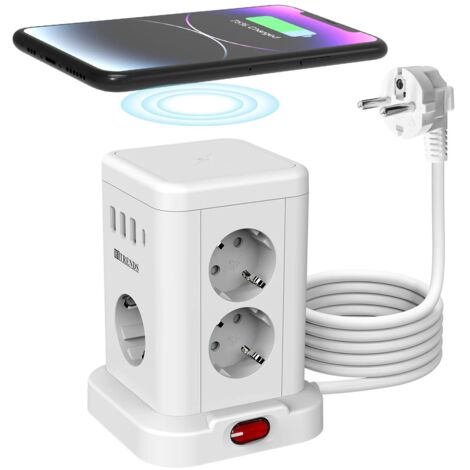 Carte d'alimentation intelligente 15 en 1 avec prise UE standard 3680 W, prise 7AC, ports de charge 3USB-A et 1USB-C, câble d'extension de 2 mètres, Blanc (1/5)