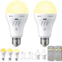 Lot de 2 ampoules LED rechargeables E27 – 2200 mAh – 3 modes de luminosité – Température variable – Télécommande et minuterie – Idéal camping et panne