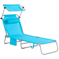 Transat Jardin Extérieur Pliable Bain de Soleil avec Oreiller Chaise Longue Relax avec Pare-Soleil et Poche Latérale Mobilier de Jardin pour Terrasse Plage Piscine 155x56x81cm, BLEU