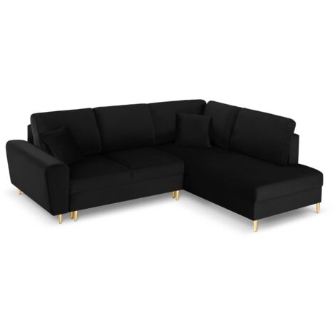 Canapé d'angle droit convertible + box 5 places en velours noir (1/5)