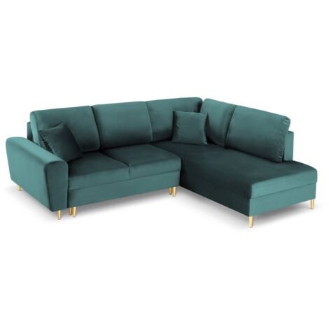Canapé d'angle droit convertible + box 5 places velours pétrole (1/5)