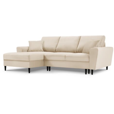 Canapé d'angle convertible + box 4 places en velours côtelé beige (1/5)
