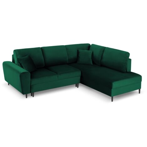 Canapé-lit d'angle droit + box 5 places en velours vert bouteille (1/5)