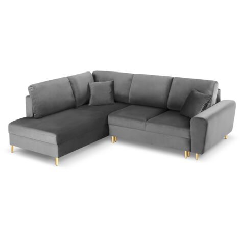 Canapé-lit d'angle gauche + box 5 places en velours gris clair (1/5)